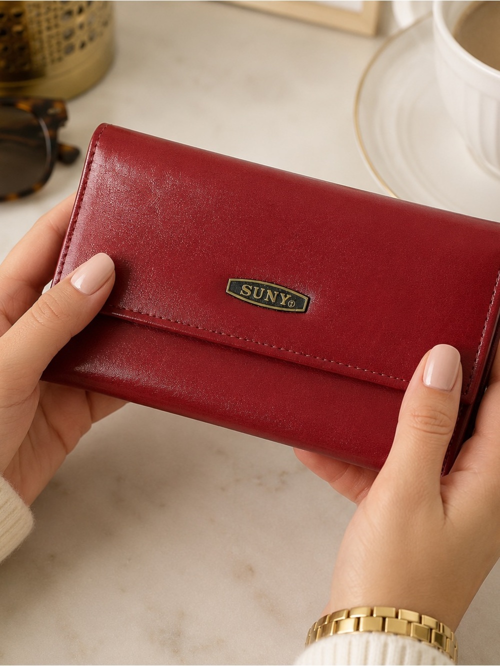 Red SUNY Vintage-Style Wallet – Snap Closure & Zipper Pocket